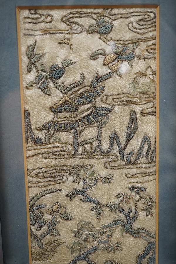 A framed Chinese silk embroidery sleeve band worked with Chinese knotting, 47 x 8cm